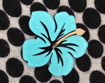 Hibiscus Glitter Brooche Tropical Blue Plastic Acrylic Tiki Retro Rockabilly Pin Flower