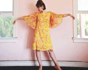 Psychedelic Late 1960's Bright Multi Color Cotton Bell Sleeves Dress/Medium-Large
