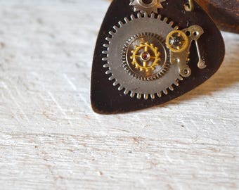 Steampunk Guitar Pick Necklace - Musician Gift - Mens Necklace - Gears - For Him - Womens Necklace - Metal Guitar Pick - Dad - Husband