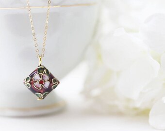 Cloisonne Pendant Tiny Flower Necklace Enamel Necklace