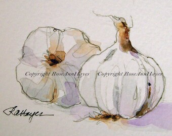 Original Watercolor Painting Garlic Vegetable Garden Veggie Still Life ACEO Kitchen Art