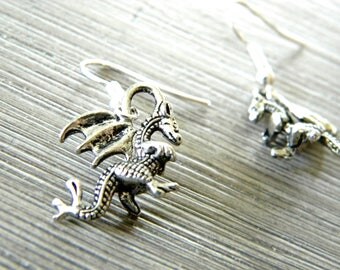 Winged Dragon Earrings Silver Color Dangle Earrings 3D