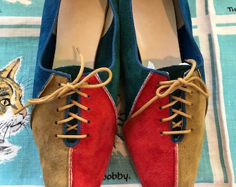 Vintage 1960's colour block suede oxfords 7 1/2 UK 5 bowling shoes red cobalt blue teal British tan