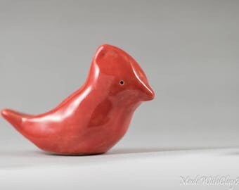 Cardinal Pottery Bird - Miniature Ceramic Porcelain Clay Animal Sculpture Decorative Home Decor Ornament - Terrarium Figurine Hand Sculpted