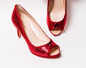 red sequin stilettos