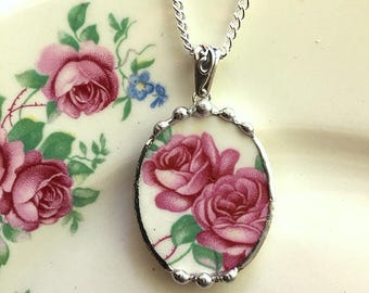 Broken china jewelry necklace pendant beautiful pink roses made from antique broken china. recycled china