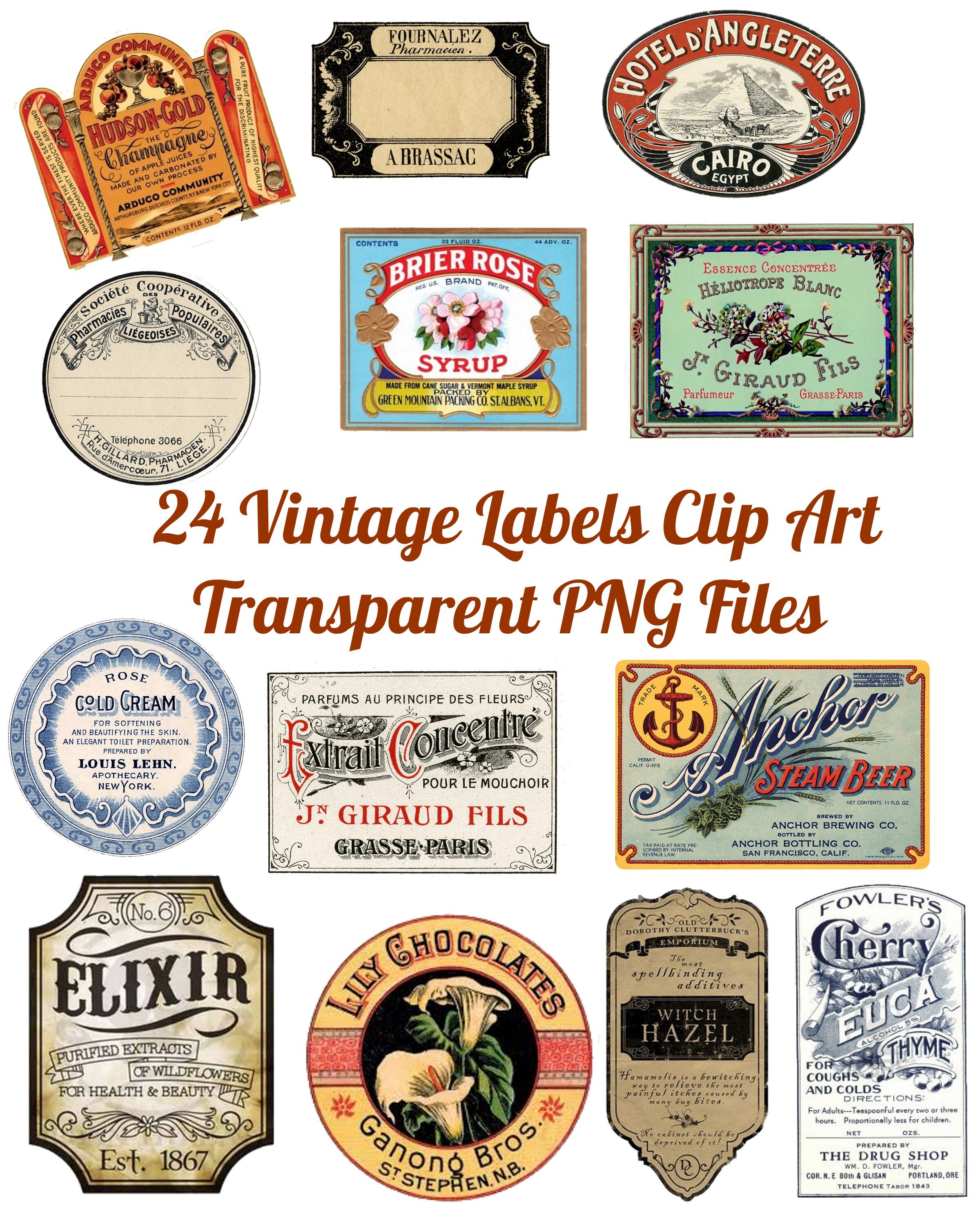 24 Vintage Label Images Clip Art Transparent PNG Files Instant
