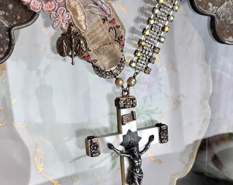 blessings and blooms - necklace antique mother of pearl rosary cross rhinestone catholic religious boho bohemian vintage, the french circus
