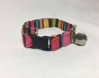 Breakaway Adjustable Cat Collar with Bell - Pink Yellow Blue Green Brown Stripes