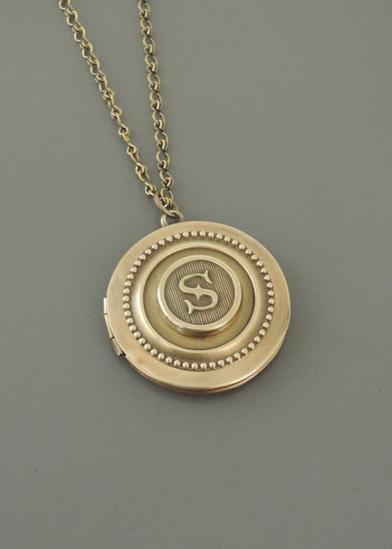 Locket Necklace Initial S Letter S Vintage Brass Jewelry
