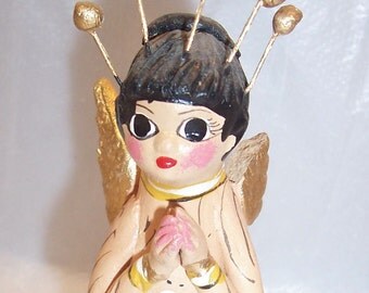 Vintage Mexican Folk Art Pottery Nativity-Angel w/ Halo-Tonala Mexico-Replacement Piece
