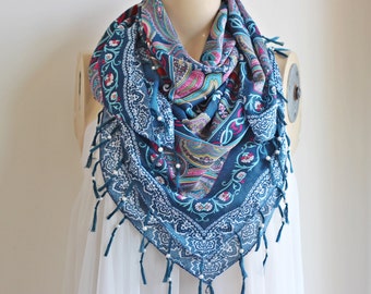Teal Scarf/ Square Scarf with Tassels and Pearls- Tile Pattern Scarf-Ottoman Print Scarf-Turkish Anatolian Scarf-Teal and Pink Scarf