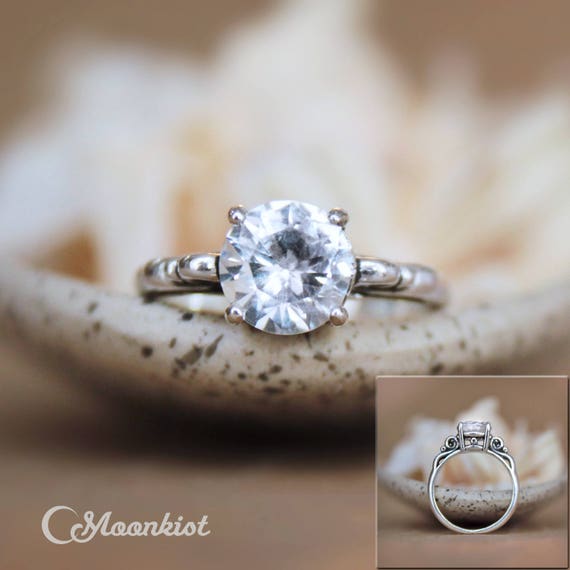 White Sapphire Engagement Ring Vintage Style Scroll Wedding White Sapphire Engagement Ring Vintage Style Scroll Wedding