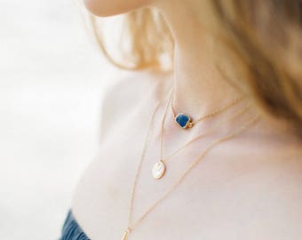Dainty Gemstone Slice Necklace, 14k Gold Filled Layering Necklace, Lapis Lazuli Gemstone Choker, Bridesmaid Gift, Gift for Her, Boho Chic