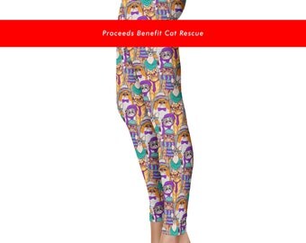 Benefits Cat Rescue • Hipster Cat Leggings, Capris or Yoga Pants • Turquoise & Purple