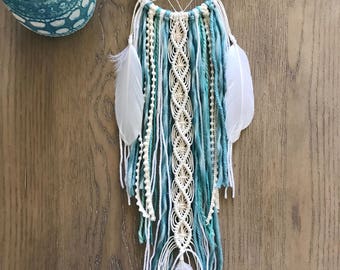 Turquoise Dream Catcher // Macrame Wall Art Decor, Ivory Mint Green Aqua Yarn, Blue Crystal Stone, White Feather, Boho Teen Girl, Nursery
