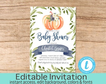 Boy Pumpkin Baby Shower Invitation, Baby Boy Invitation, Fall Shower, Greenery, Blue Floral, Pumpkin Shower, EDITABLE, Instant Download
