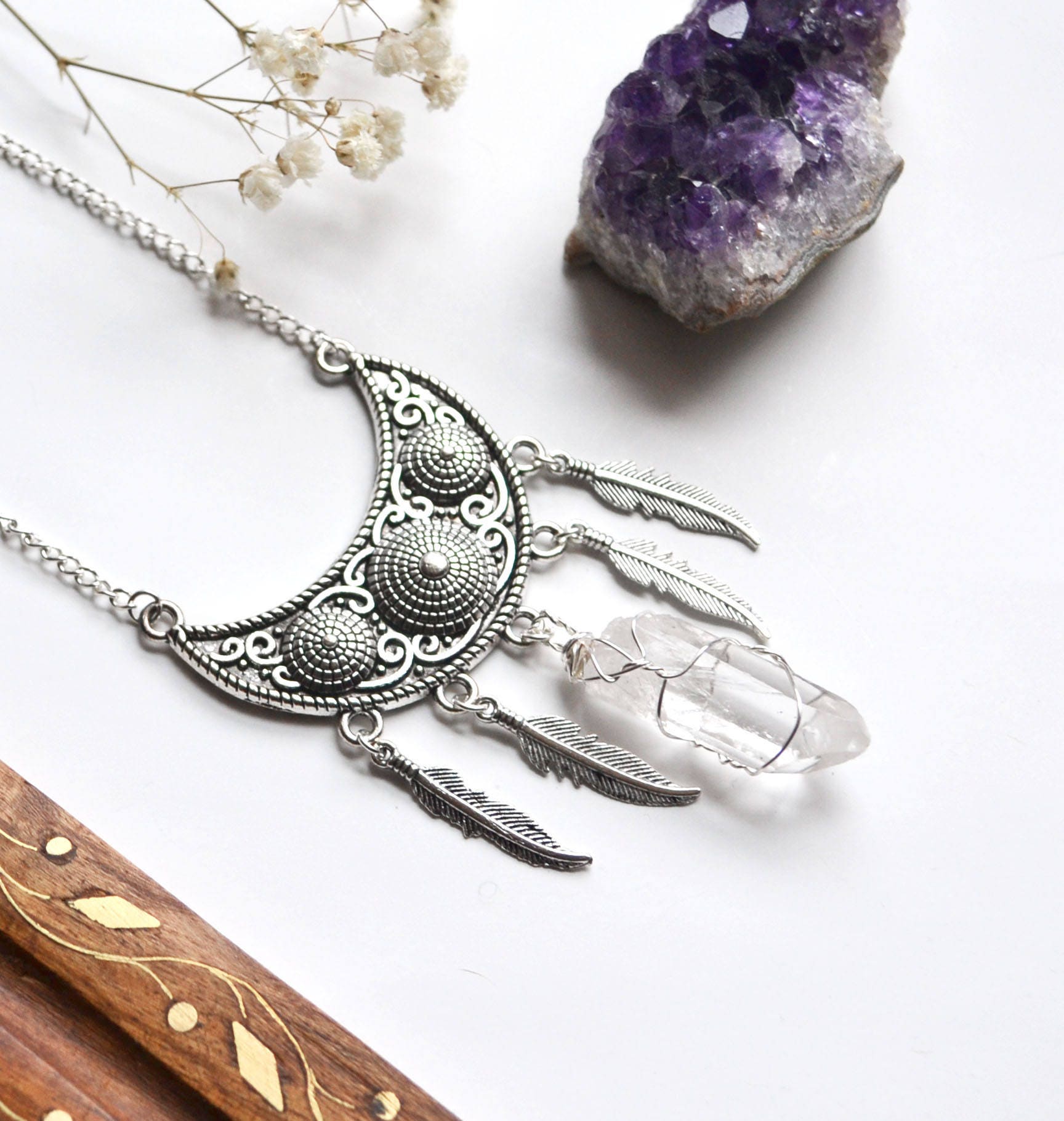 Crystal Boho Necklace Half Moon Necklace Quartz Point