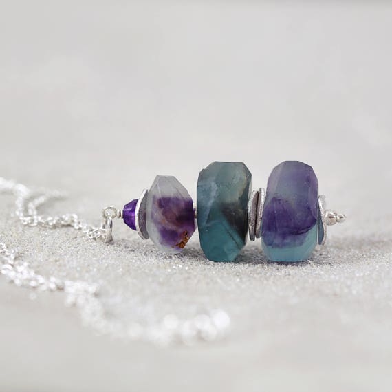 Amethyst & Fluorite Pendant - Stone Stacked Necklace