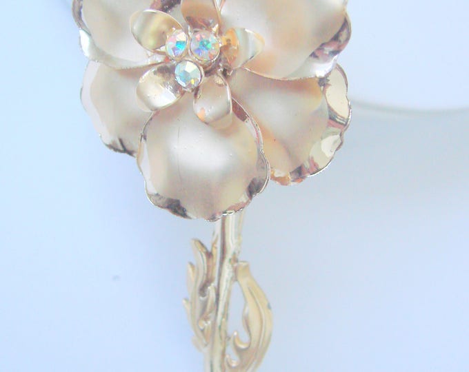 Large Vintage Floral Aurora Borealis Gold Tone Brooch / Long Stem Floral Brooch / Mid Century / Jewelry / Jewellery