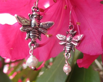 Bumble Bee with Pearl Drop Earrings in Sterling Silver- Bee, Honey Bee, and Garden Gifts and Jewelry