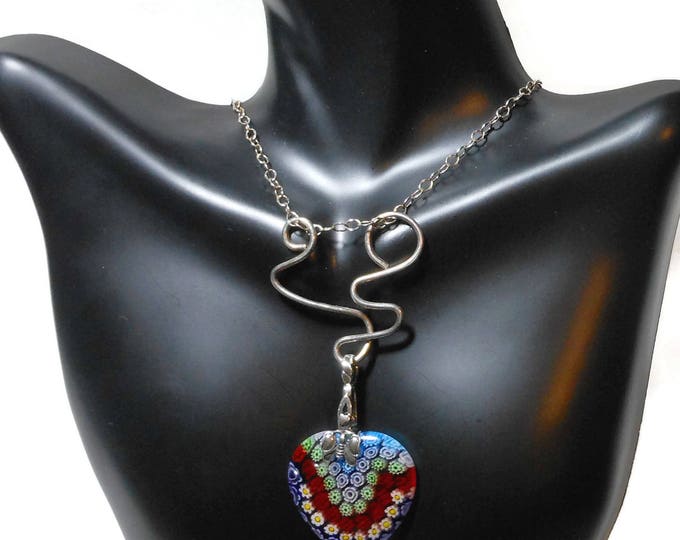 FREE SHIPPING Millefiori glass pendant, red heart, butterfly bail, Avant garde style sterling silver, hammered infinity clasp, handmade