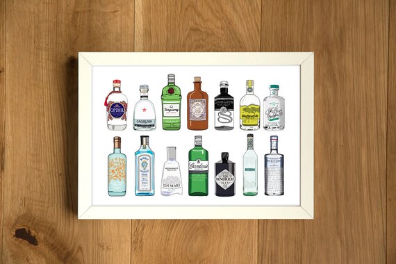 Gin Bottle Illustration Print Art for Gin Lovers Kitchen