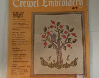Vintage Bucilla Beginner's Crewel Embroidery Kit -- Tree and Squirrels, 9 by 11 inches, in Original Package