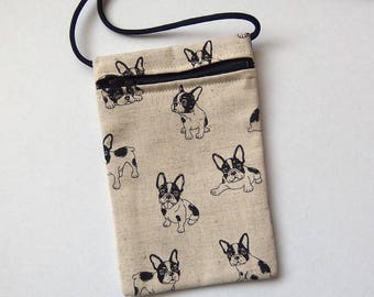 Pouch Zip Bag FRENCH BULLDOG Fabric. Great for walkers, markets, travel. Cell phone pouch. small fabric purse. terrier puppies 6.75"x4.25"