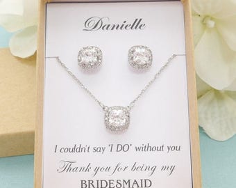 SALE Personalized Bridesmaid Gift, Bridesmaid Jewelry Set, Bridesmaid Earrings and Necklace Bracelet Set, Princess Cut Earrings, Wedding Jew