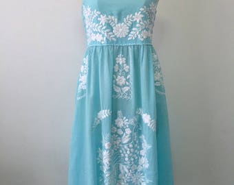 Embroidered Sundress Cotton Strapless Dress In Blue, Wedding Dress, Beach Dress, Boho Dress