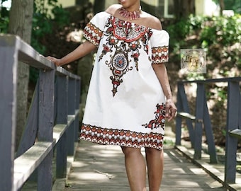 African Clothing for Women: N Y O T A African Print Dress in White (Flutter sleeve shown) - K u k u a Collection Summer Capsule