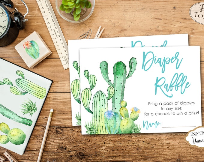 INSTANT DOWNLOAD - Cactus Southwest Diaper Raffle Tickets - BOY Succulent Southwest Boho Diaper Raffle - Boho Raffle Card - Diaper Game 0554