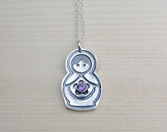 silver russian nesting doll necklace. silver matryoshka doll necklace. stacking doll pendant. fine silver jewelry. alexandrite. artisan.