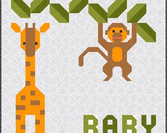 DIY Jungle Baby Quilt Kit and Pattern, Bedding Crib Blanket Quilting Patchwork Project Baby Toddler Kit safari animal giraffe monkey