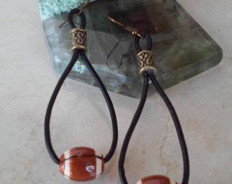 Football earrings, leather earrings with football beads, game day earrings, jewelry for the football lover, sports fan jewelry, gift for her