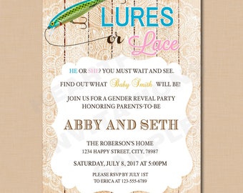 Gender Reveal Invitation | Baby, Lures or Lace, Boy or Girl - 1.00 each printed or 12.00 DIY file