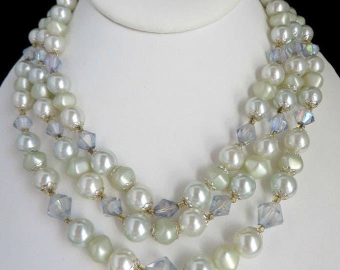 Pearl Necklace, Japan Multi Strand Necklace, Vintage Faux Pearl & Lavender Blue Bead Triple Strand Choker