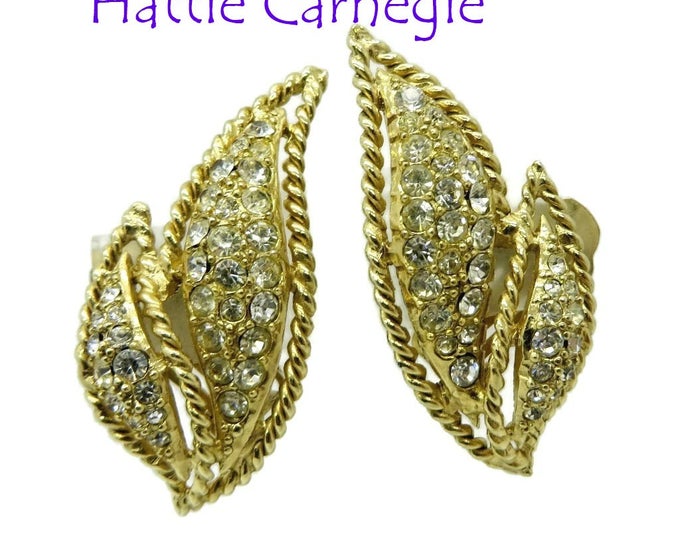 Bridal Earrings, Leaf Clip-ons, Signed Hattie Carnegie Rhinestone Earrings, Vintage Runway Bridal Jewelry Gift Idea