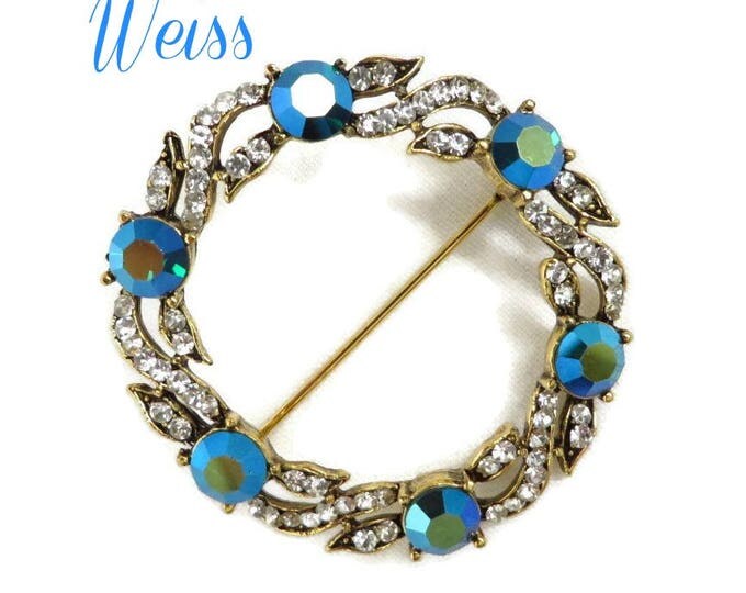 Vintage AB Rhinestone Circle Brooch, Signed Weiss Crystal Rhinestone Silver Tone Pin, Gift for Her