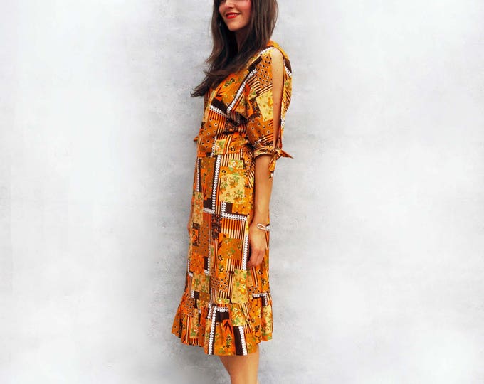 Boho Tribal Dress, Vintage 1970s Dress, Orange Dress, Floral Dress, Summer Dress, Hippie Dress, Bardot Dress, Festival Dress, Bohemian Dress