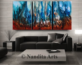 Abstract Painting oil original artwork large square art fluid art fluid painting acrylic pour red seascape painting 72"x36"(182.88cmx91.44cm