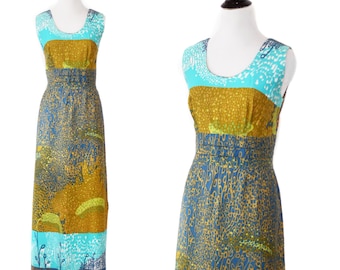 Vintage 60s Hawaiian Tropical Barkcloth Sleeveless Print Maxi Dress by Malihini Hawaii M