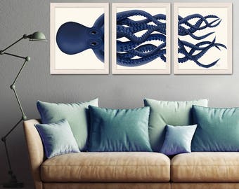 Giant Octopus Print Blue Octopus Triptych Set of 3 - octopus poster Giclee poster nautical decor Octopus wall art home decor
