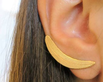 Feather Ear Climber, Ear Climber, Ear Climber Gold, Feather Earrings, Gold Filled Earrings, Climber Earrings, 14k Gold Filled Earrings