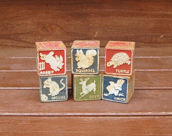 6 Old Wood Blocks, Vintage Animal Blocks, Vintage Toy Blocks, Wooden Blocks, Animal Blocks, Vintage Decor