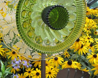 vintage glass garden art flower, upcycled glass flower, garden art, garden gift, plate flowers, suncatcher, glass garden art,garden ornament