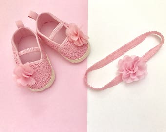 Pink Baby Shoes and Headband Set -Baby Girls Flower Princess Shoes -Newborn Pink Shoes
