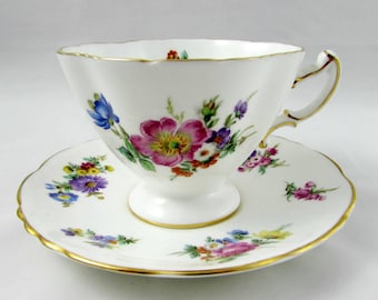 Hammersley Tea Cup and Saucer with Flowers, Square Shape, Vintage Bone China