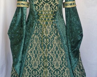 Renaissance Clothing dress forest green and pale gold wedding gown,goth costume,medieval gown, pagan fantasy dress,custom made to any size
